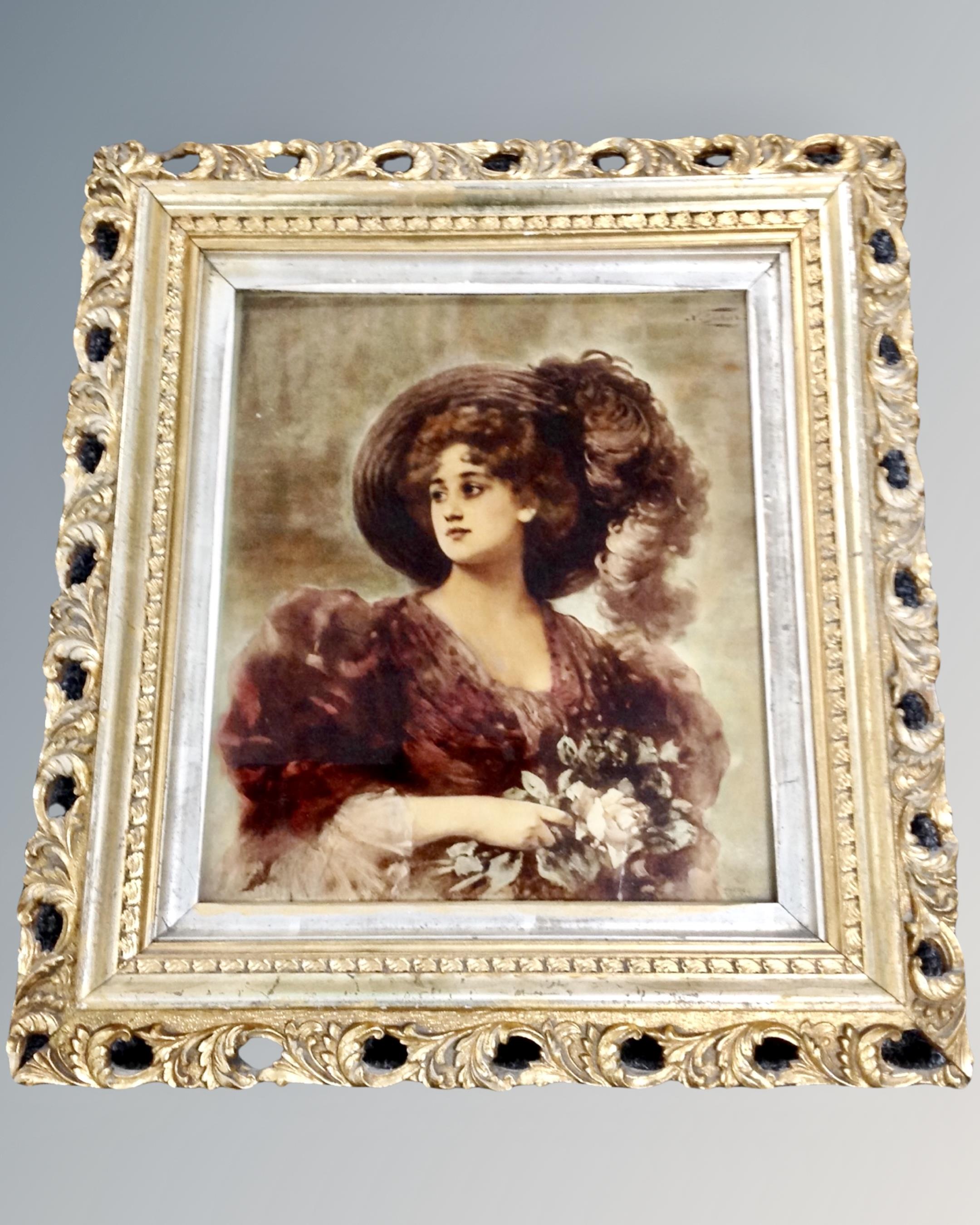 A Victorian crystoleum depicting a lady in dress,