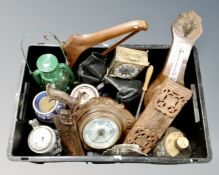 A box of mantel clock, Art Deco barometer, book slide, vintage leather ice skates,