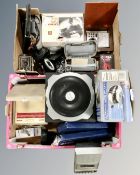 Two boxes of vintage and later electricals, cameras, cased radio, trust sub woofer,