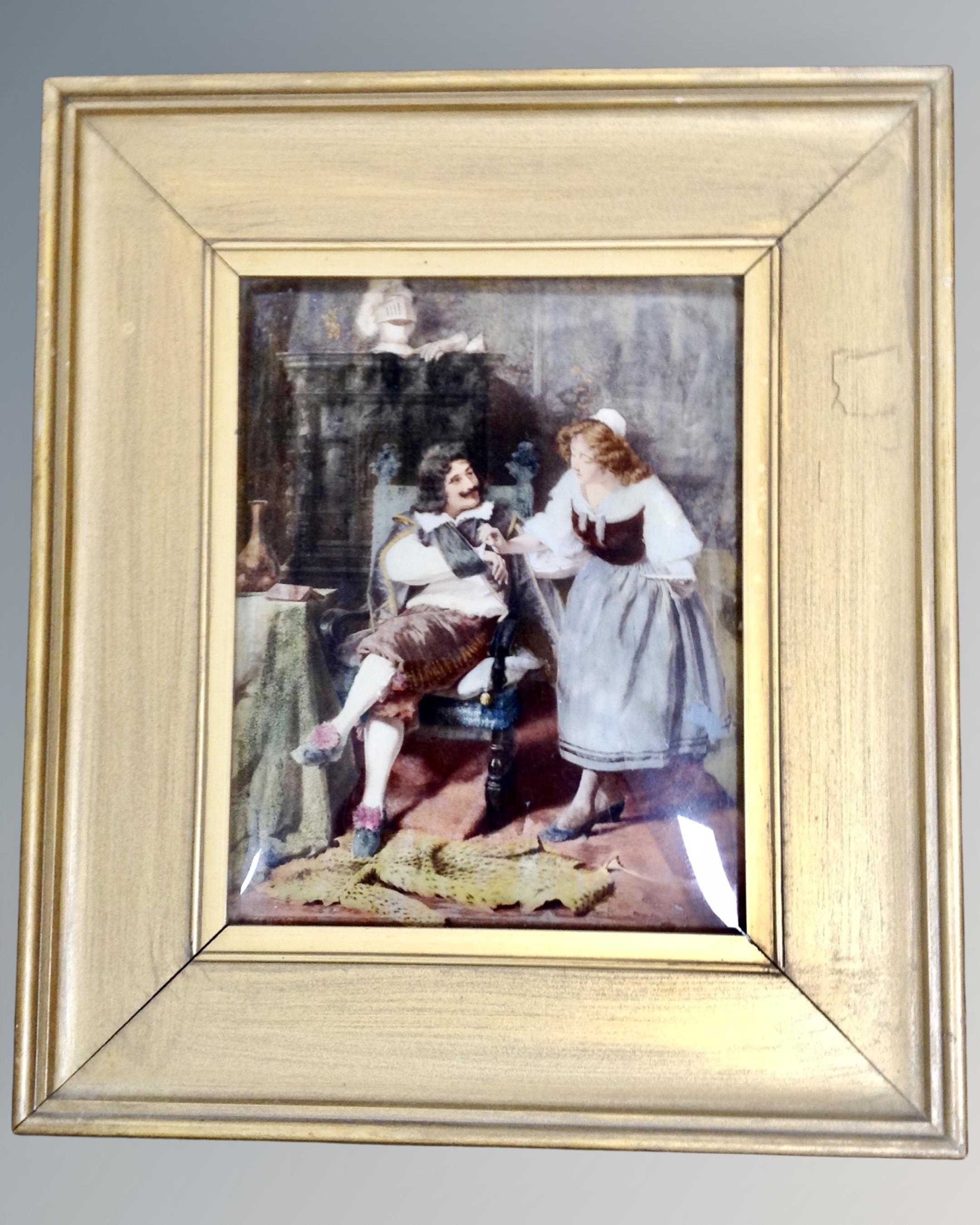 A Victorian crystoleum depicting a gentleman seated in chair with lady,