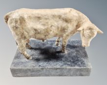 A Dinny Pocock wax figure of a bull on plinth