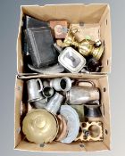 Two boxes of antique and later metal wares, cased cutlery, plated teapots,