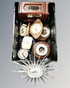 A crate of mantel and desk clocks, Acctim sunburst wall clock,