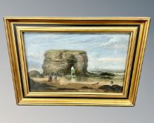 Nineteenth century School : Figures admiring Marsden rock, oil on board, indistinctly signed,