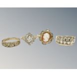 Four 9ct yellow gold dress rings, cameo, diamond chips etc, 10.2g.