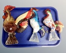Three Venetian glass cockerel ornaments