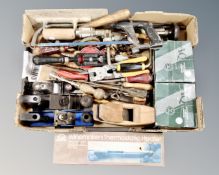 A box of woodworking tools, planes, drills, brace, hand saw,
