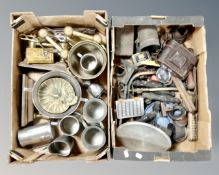 Two boxes of antique and later metal wares, fire dogs, tankards, vintage lamps, copper pan lid,