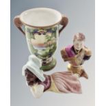 A Noritake hand painted twin handled vase together with two Continental porcelain figures;