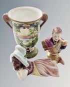 A Noritake hand painted twin handled vase together with two Continental porcelain figures;