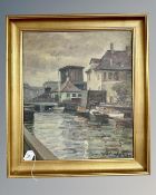 Continental school : Boats on a canal, oil on canvas,