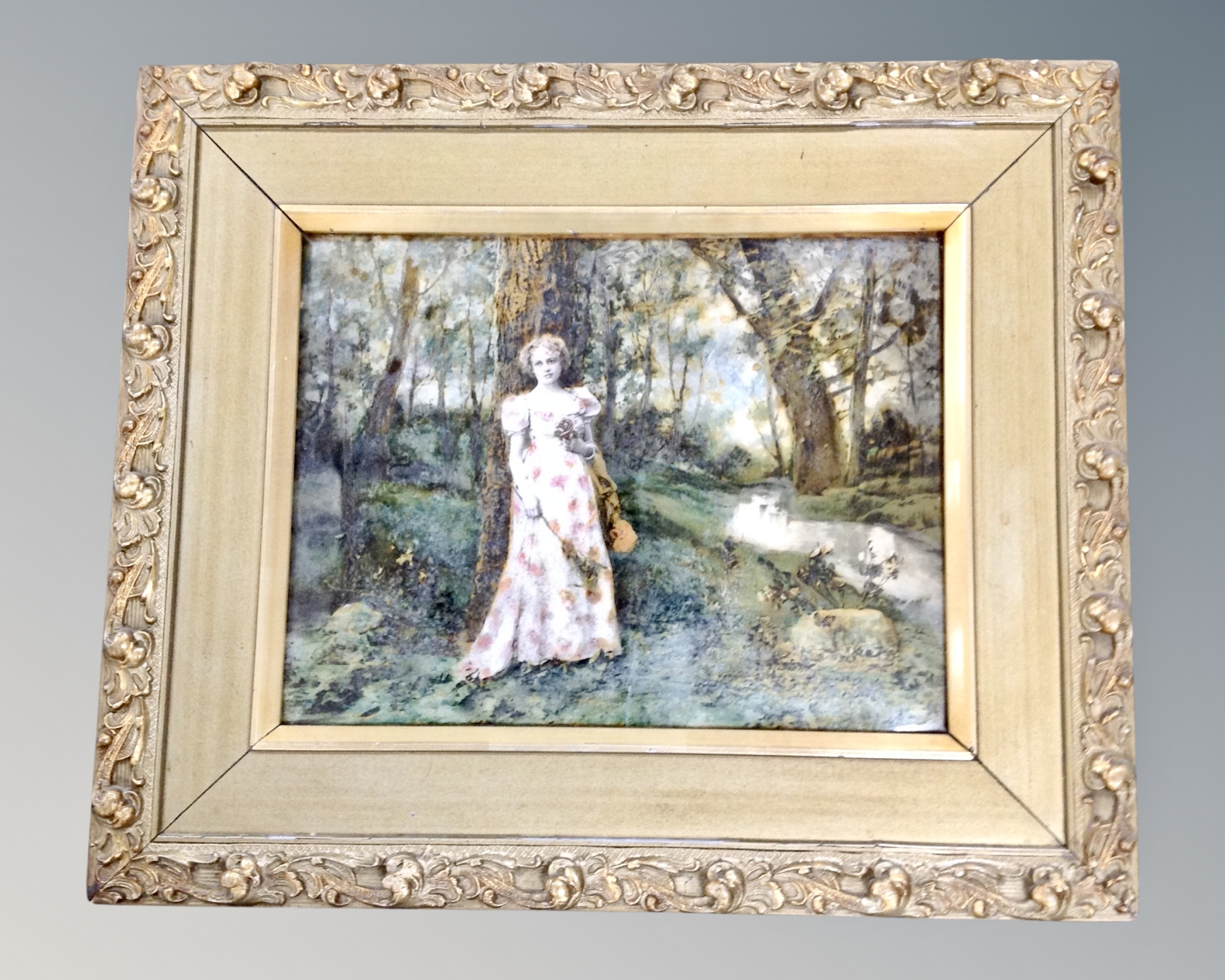 A Victorian crystoleum depicting a lady in rose dress,