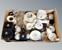 A box of cabinet china and glass ware, Aynsley vases, dish and mantel clock, Wedgwood dishes,