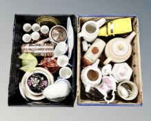 Two boxes of pottery coffee set, stoneware hot water bottle, teapots,