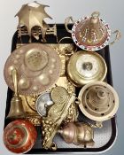 A tray of brass ware, ornaments, key racks, letter rack,