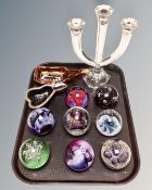 A tray of glass ware, eight circular paperweights, Ciig, Caithness, Polish examples,