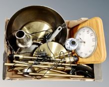A box of frying pan, wall clock, contemporary pendant light shade,