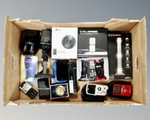 A box of Pro-Sound microphone, mobile telephones, Kodak waterproof cameras, 16GB iPod,