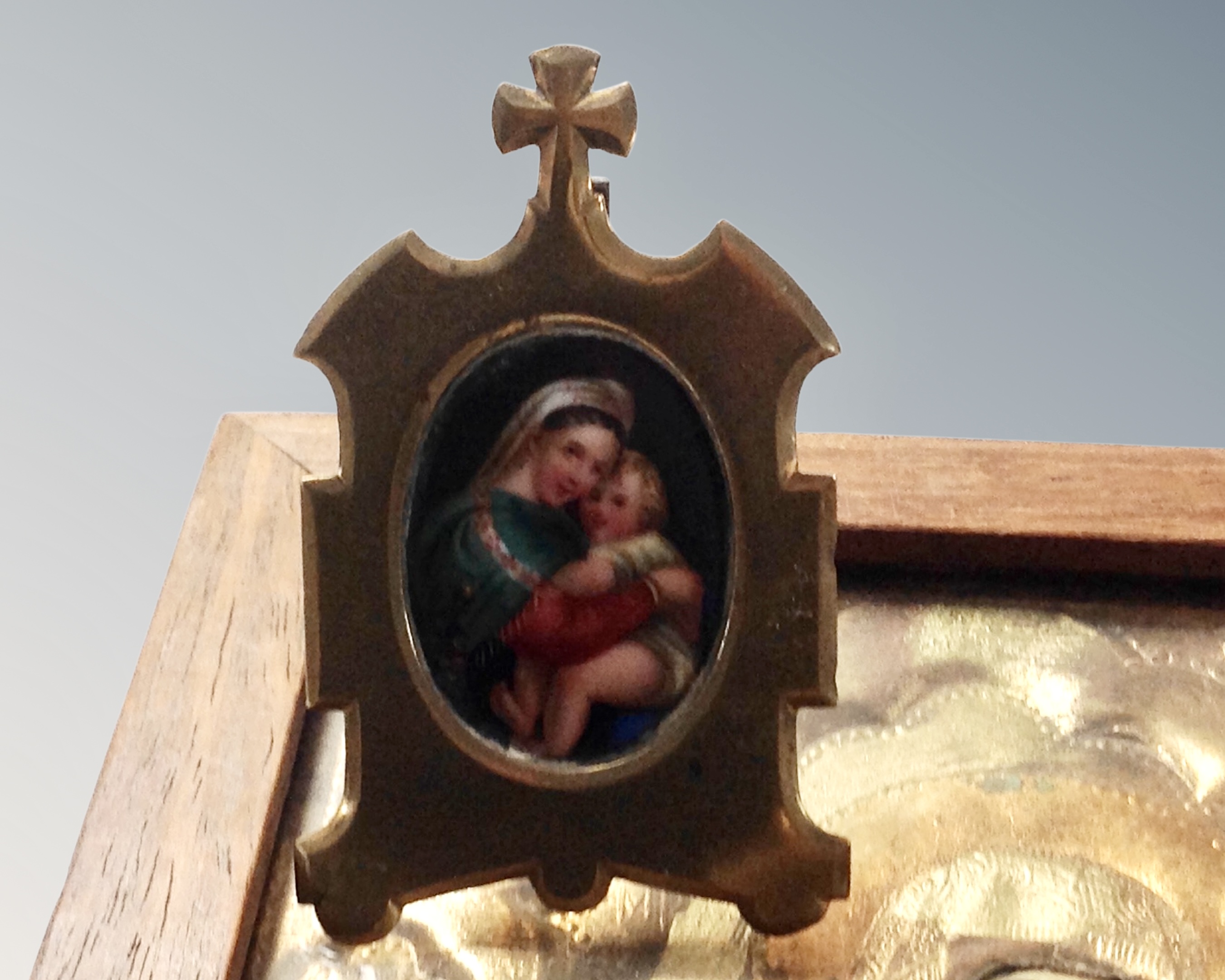 An antique miniature hand painted porcelain religious panel with brass frame together with further - Image 2 of 2