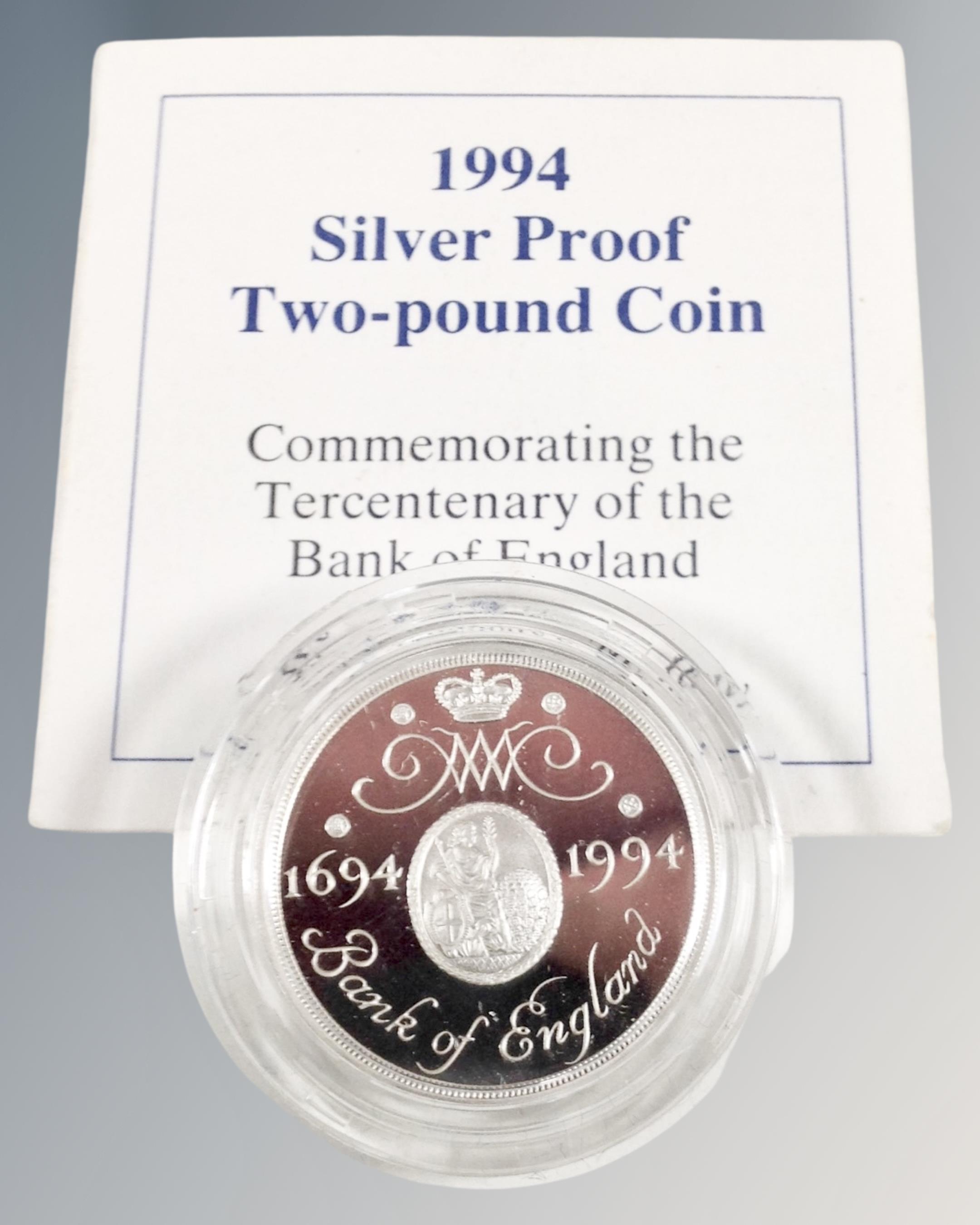 A Royal Mint silver proof £2 coin commemorating the Tercentenary of the bank of England 1694-1994