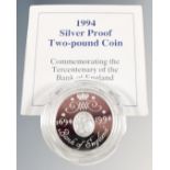 A Royal Mint silver proof £2 coin commemorating the Tercentenary of the bank of England 1694-1994