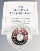 A Royal Mint silver proof £2 coin commemorating the Tercentenary of the bank of England 1694-1994