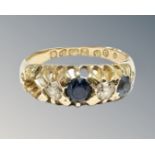 An 18ct yellow gold diamond set synthetic sapphire ring, size K (stone missing), 3.3g.