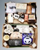 Two boxes of ceramics, electricals, miniature sewing machine,