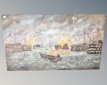 An oil painting on board depicting a galleon battle scene by B McMullen, unframed.