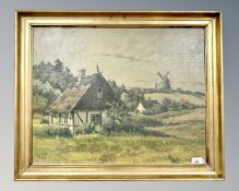 Continental school : Cottage by a windmill, oil on canvas,