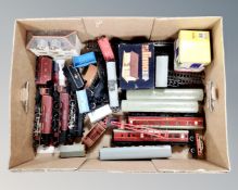 A box of assorted Hornby locomotive engines, tenders, carriages and wagons, track,