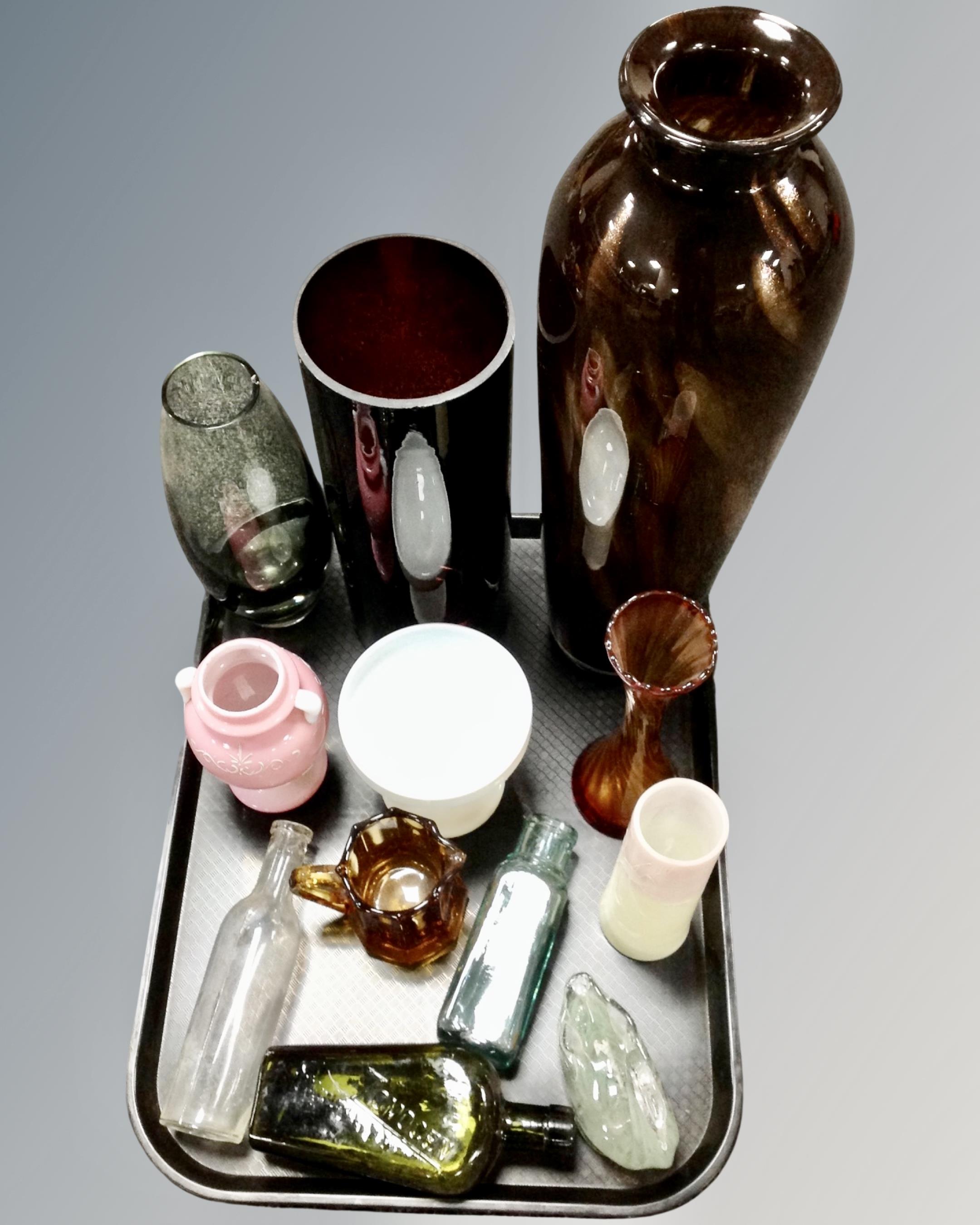 A tray of antique and later glass ware, contemporary vases, Davidson's glass comport,