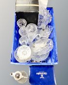 A box of cut glass and lead crystal glass ware, Royal Doulton Gleneagles crystal, brandy glasses,