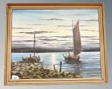 Continental school : Sailing boats at sunset, oil on canvas,