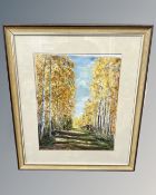 Dame Catherine Cookson (1906 - 1998) : A tree lined pathway in autumn, oil on board, 35 cm x 43 cm,