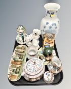 A tray of assorted ceramics, pair of Royal Doulton Spaniels, Masons Chartreuse jug,