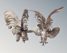 Two large plated metal cockerel ornaments