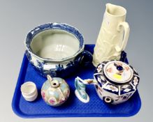 A tray of assorted ceramics, Ironstone chamber pot, Goss vase, Tunstall Imari teapot,