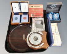 A tray of Bakelite advertising tray, horseshoe barometer, boxed Edinburgh crystal napkin rings,