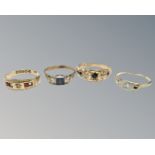 Four antique and later yellow gold rings, 8.4g.