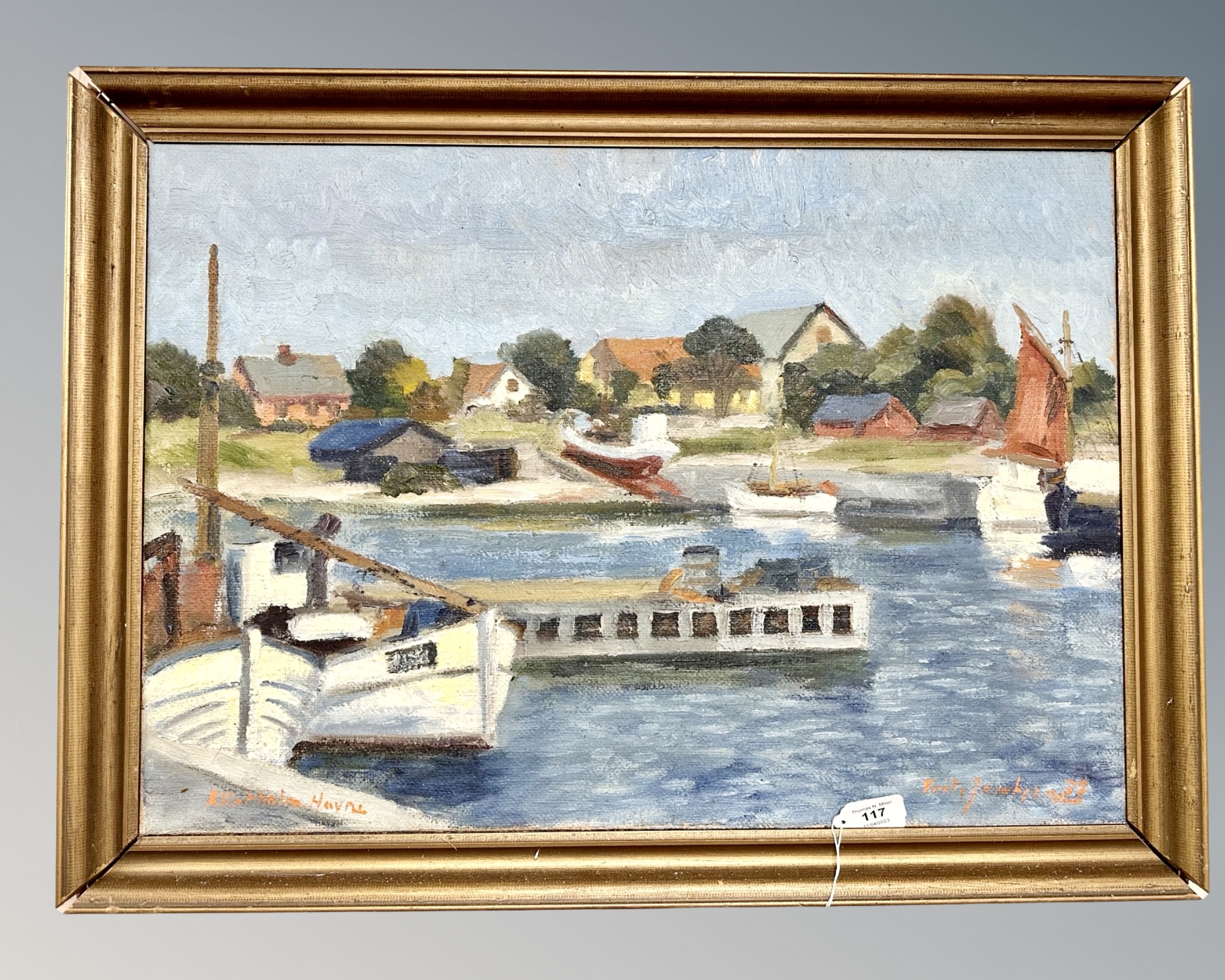 Continental school : Boats in a harbour, oil on canvas, indistinctly signed,