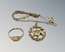 A 9ct yellow gold chain (Af), together with 9ct gold signet ring (Af) and 9ct gold Jewish pendant,