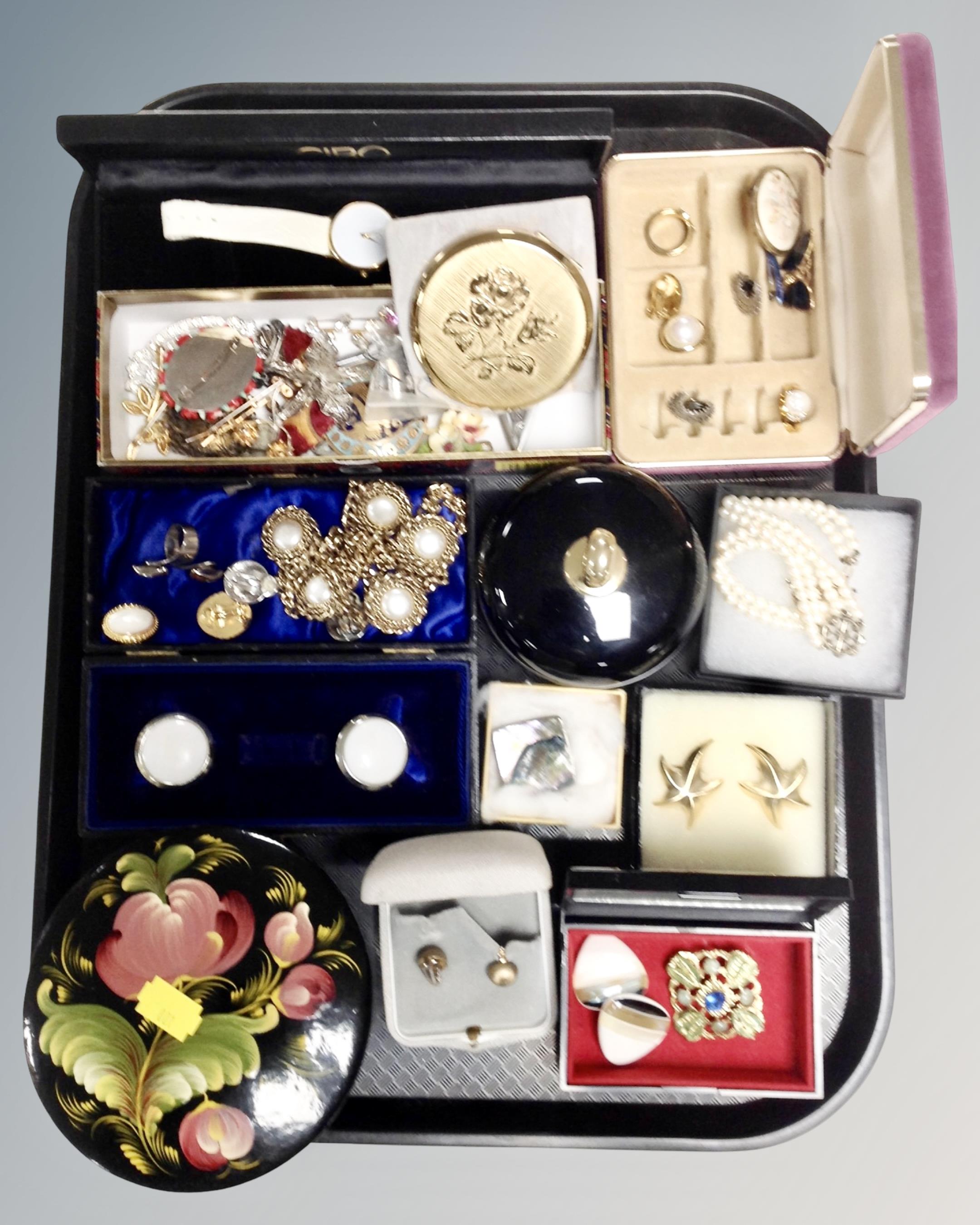 A tray of assorted costume jewellery, lady's watches,