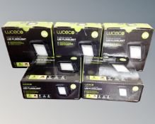 Five Luceco LED flood lights, boxed.