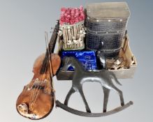 A box of metal wall art violin, boxed crystal Alnmouth golf club decanter with glasses,
