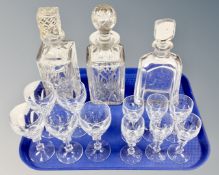 A tray of glass ware, lead crystal decanters, Swedish Orrefors decanter,