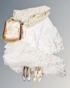 Two boxes of vintage wedding dresses and shoes,
