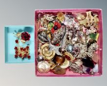 A box of assorted brooches and pendants, London Masonic badge,