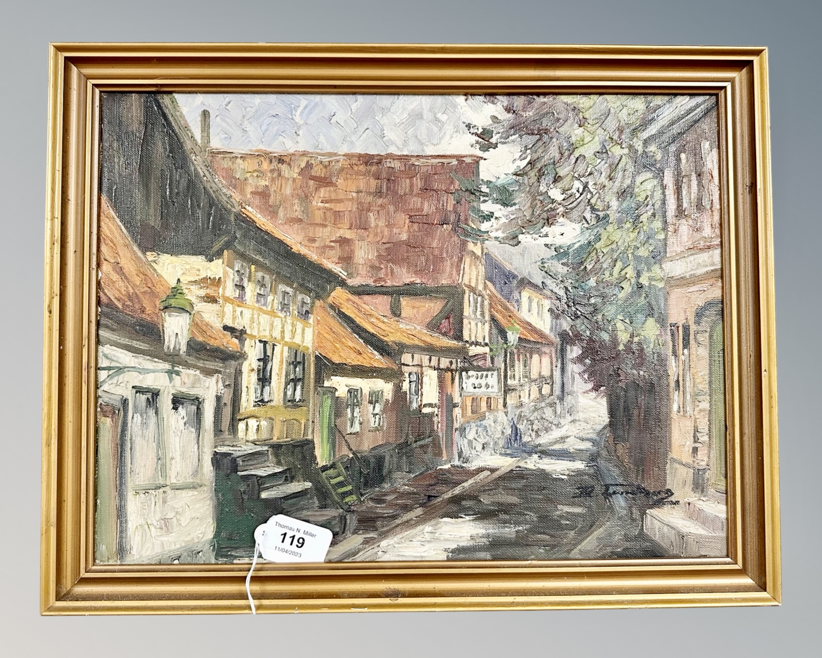 Continental school : Cobbled street, oil on canvas, indistinctly signed,