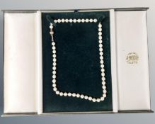 A cultured pearl necklace on 9ct yellow gold clasp